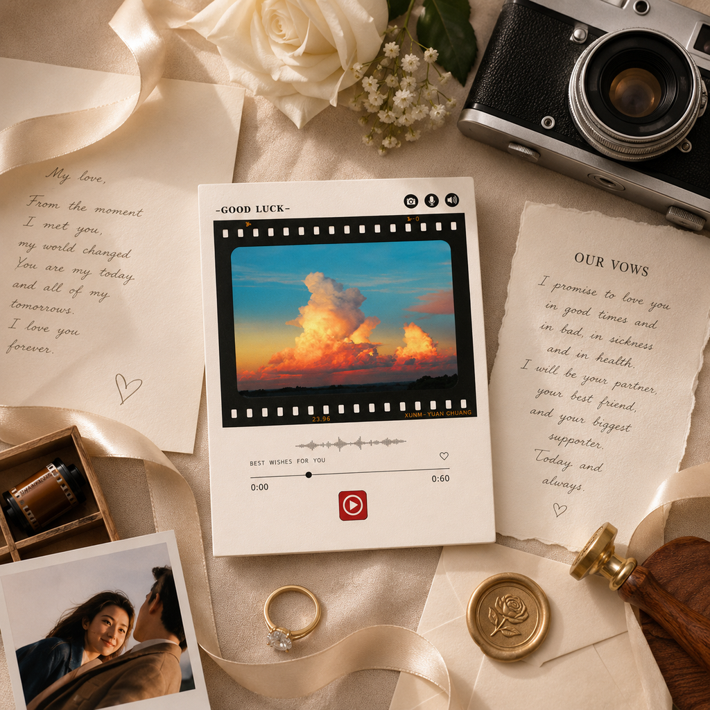 Personalized recordable anniversary film card romantic flat lay on champagne satin with vintage camera film roll couple