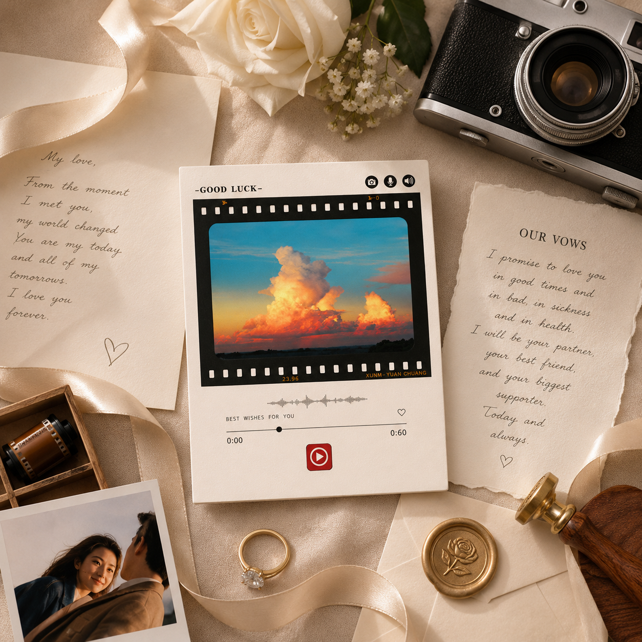 Personalized recordable anniversary film card romantic flat lay on champagne satin with vintage camera film roll couple