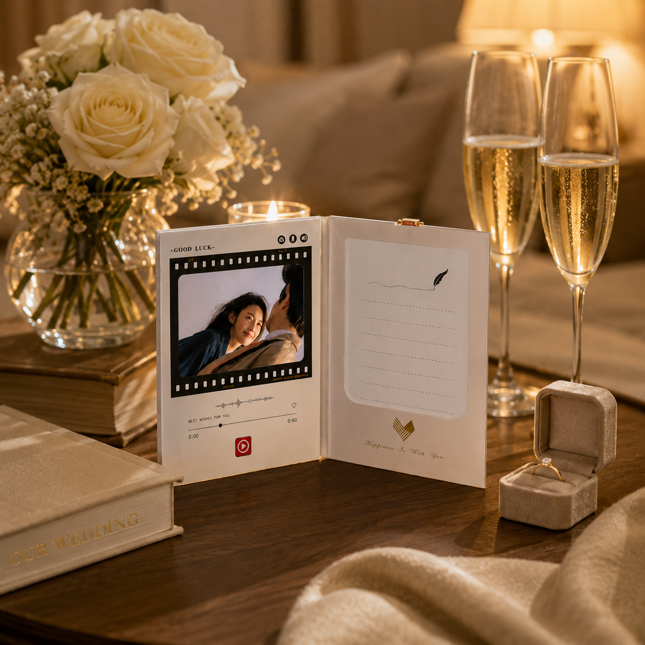 Personalized recordable anniversary film card open on walnut table showing couple photo in film window and handwritten