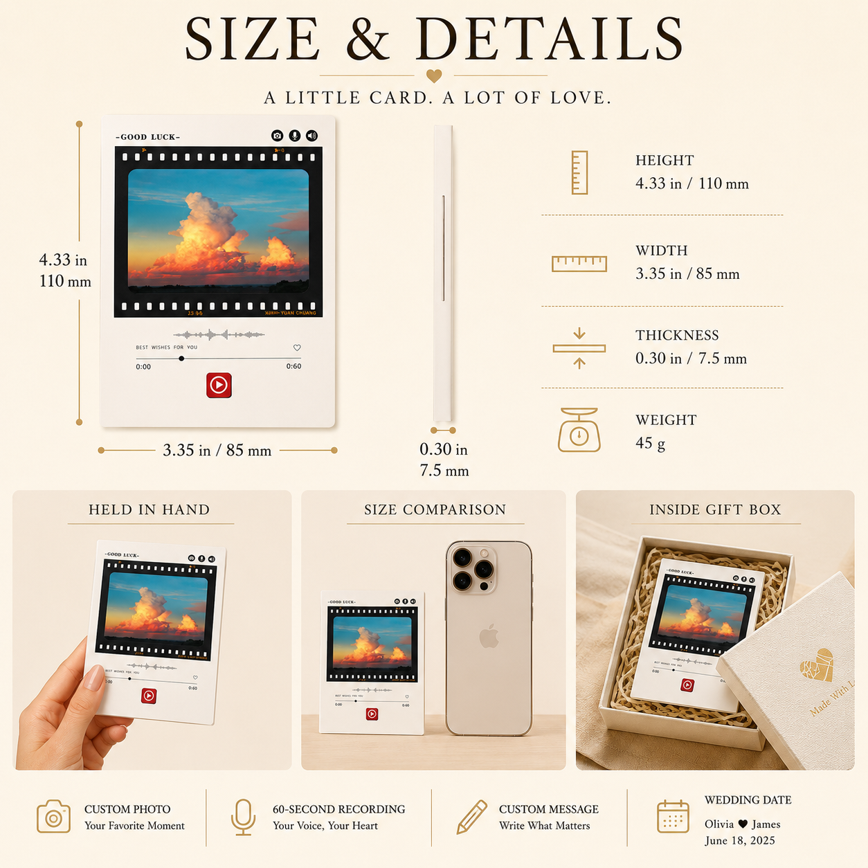 Size and Details infographic for personalized recordable anniversary film card showing dimensions 4.33 in 110 mm height