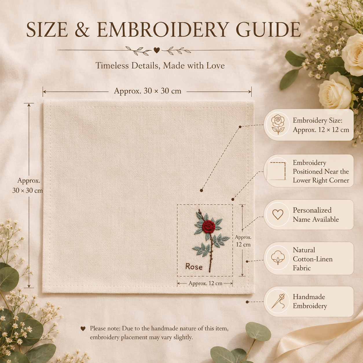 Personalized Rose Embroidered Handkerchief, styled product view
