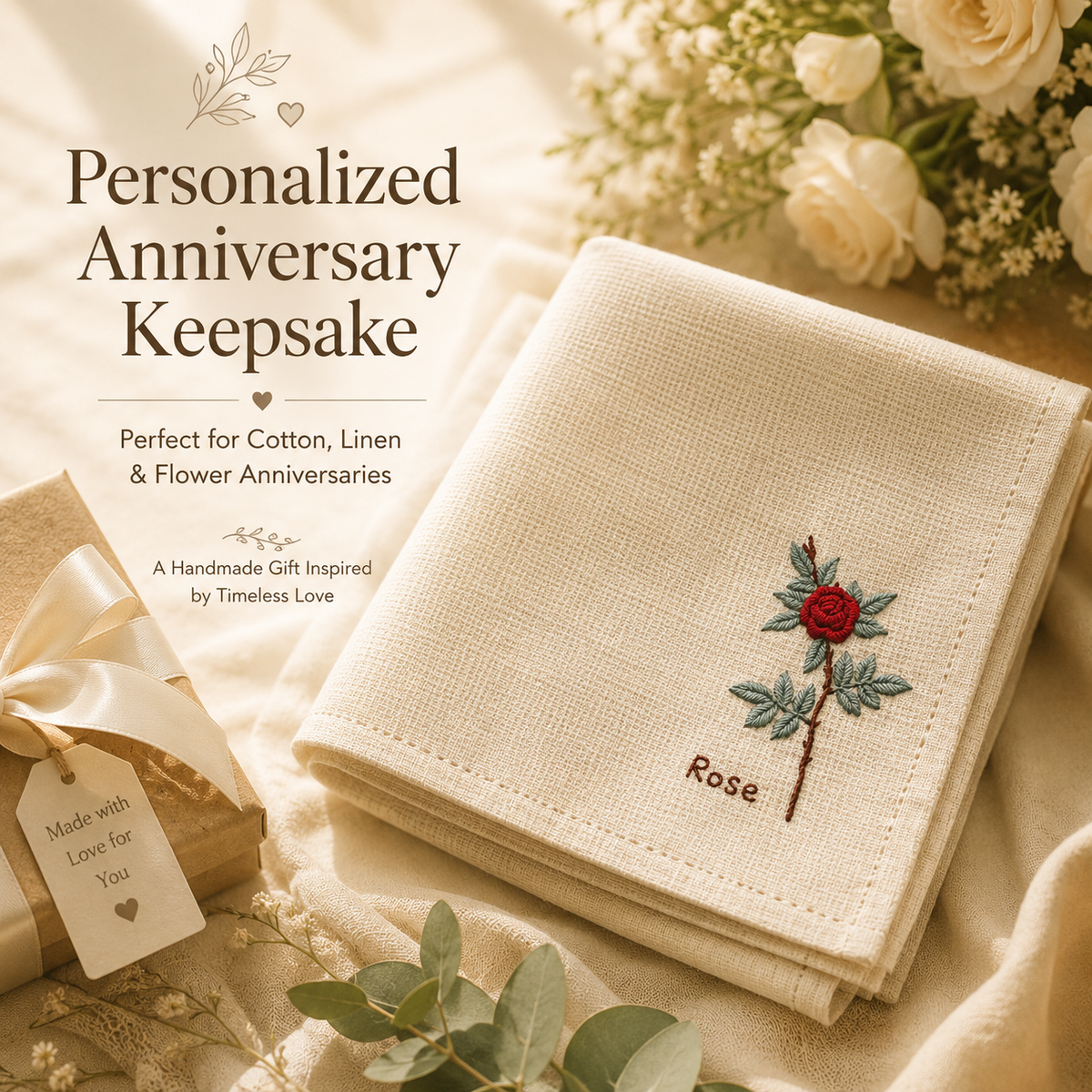 Personalized Rose Embroidered Handkerchief, close-up detail