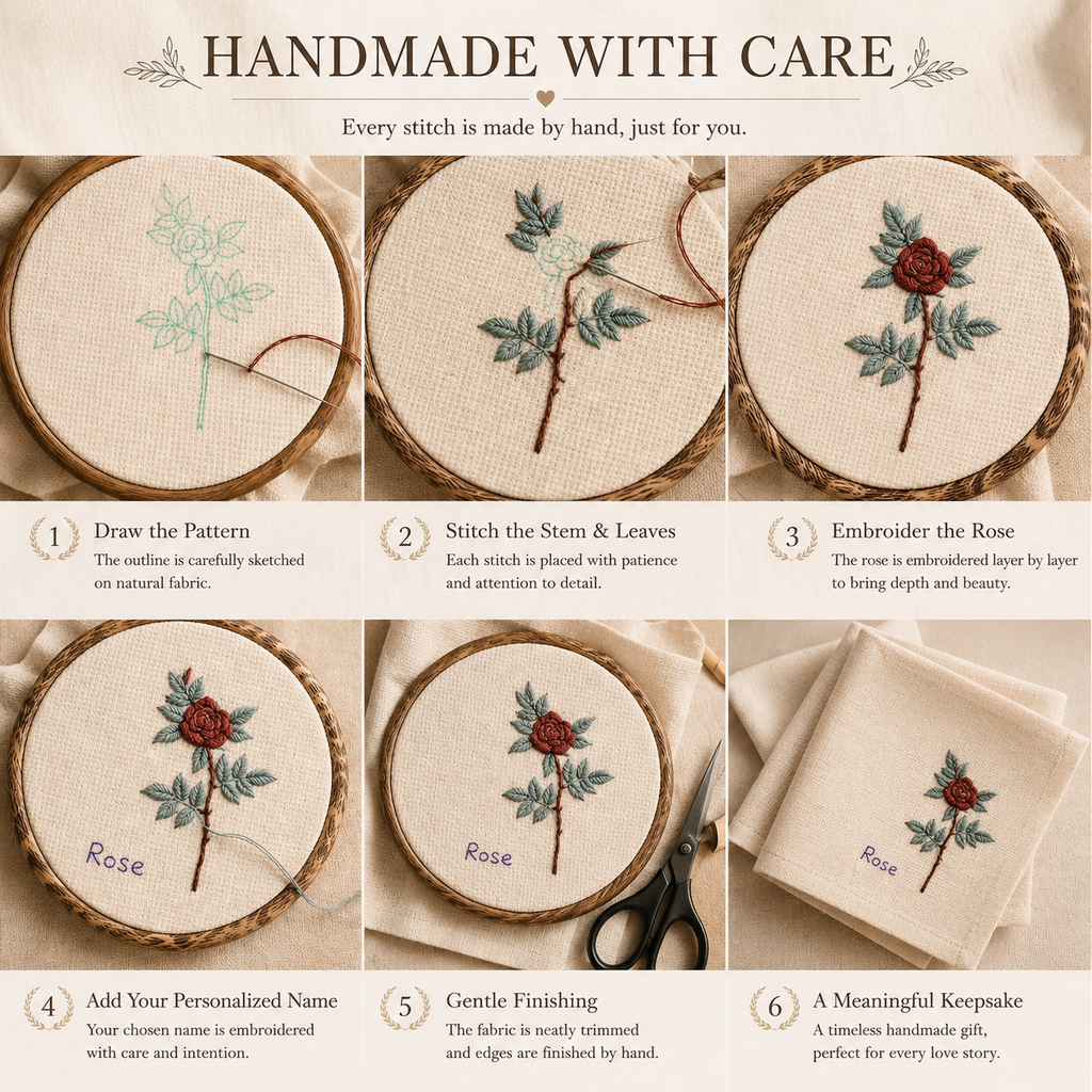 Personalized Rose Embroidered Handkerchief, size and feature guide