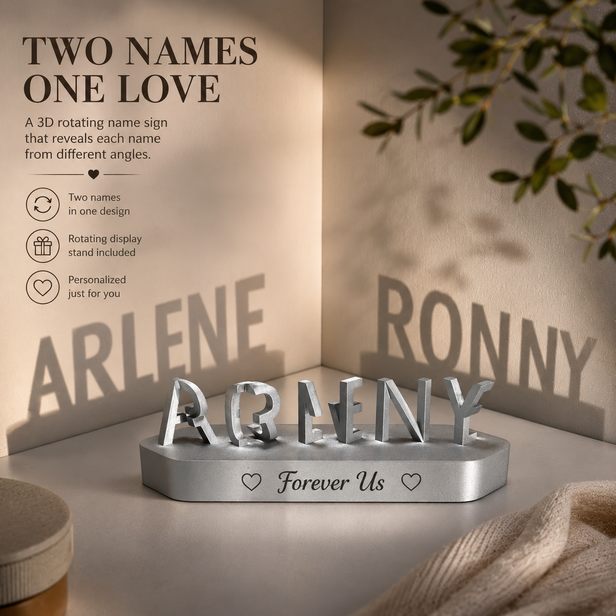 Personalized Rotating 3D Couple Name Sign Gift Box, displayed in a warm home interior