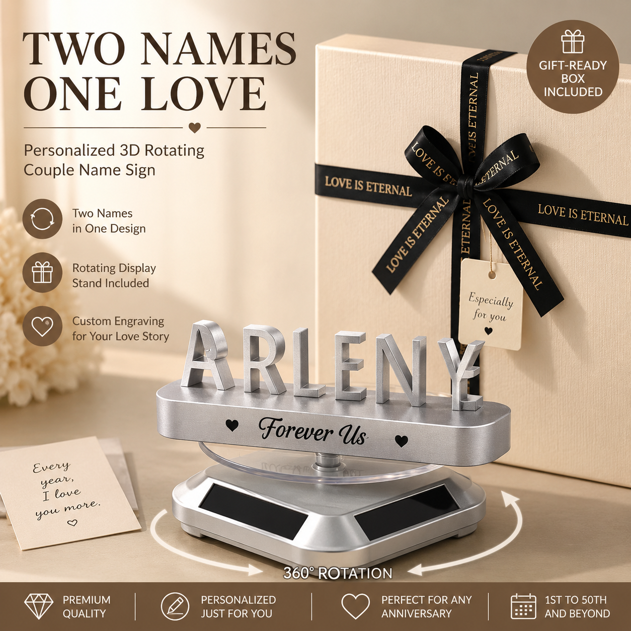 Personalized Rotating 3D Couple Name Sign Gift Box, presented with its gift box and accessories
