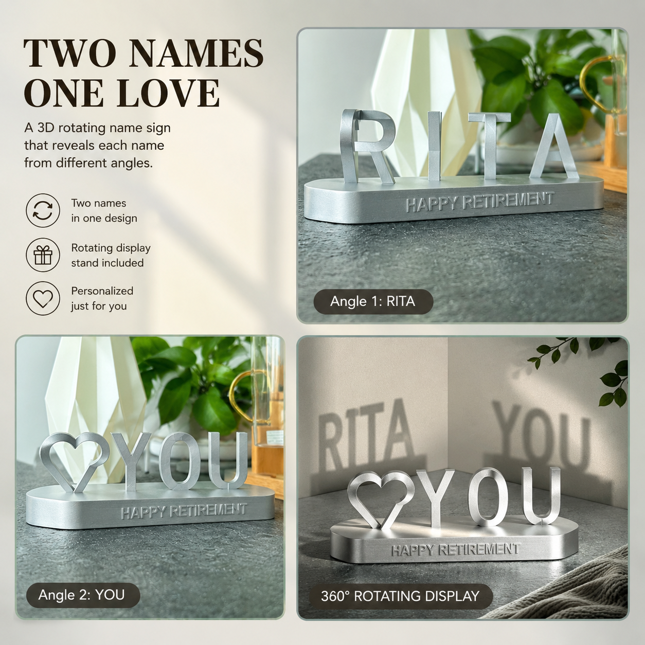 Personalized Rotating 3D Couple Name Sign Gift Box, size or variant comparison infographic