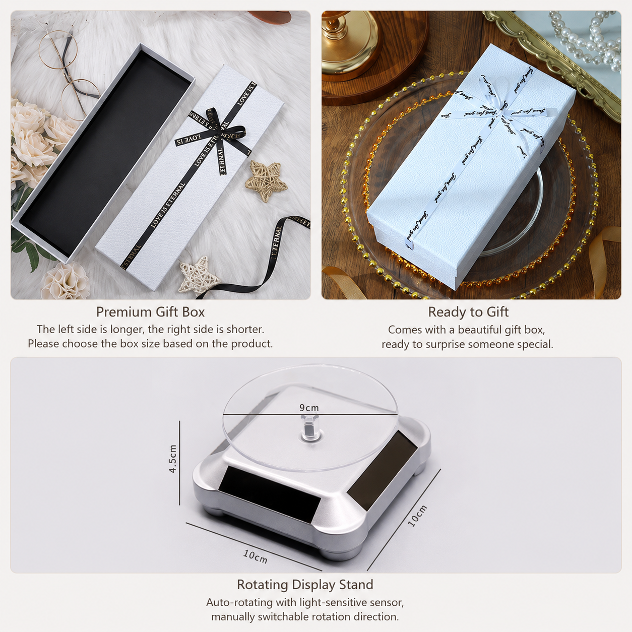 Personalized Rotating 3D Couple Name Sign Gift Box, size and dimensions infographic