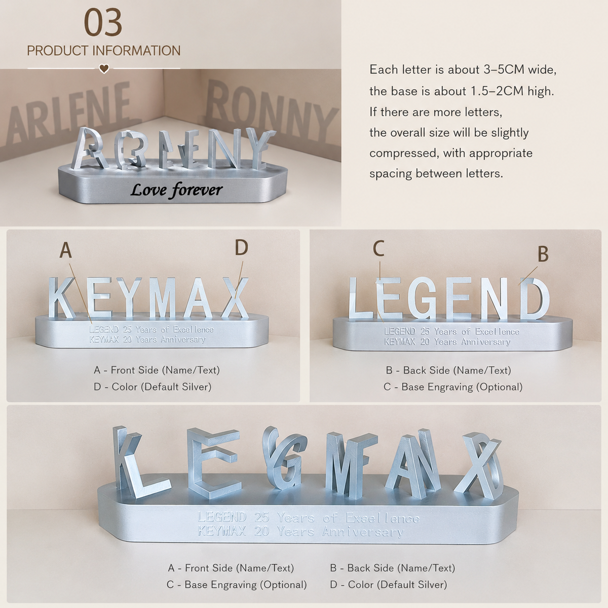 Personalized Rotating 3D Couple Name Sign Gift Box, detail infographic showing materials and construction
