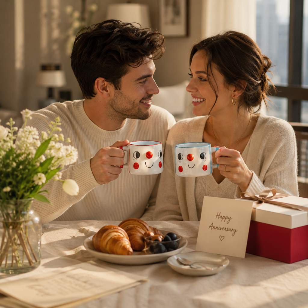Personalized Smiling Face Porcelain Couple Mug Set, styled product view