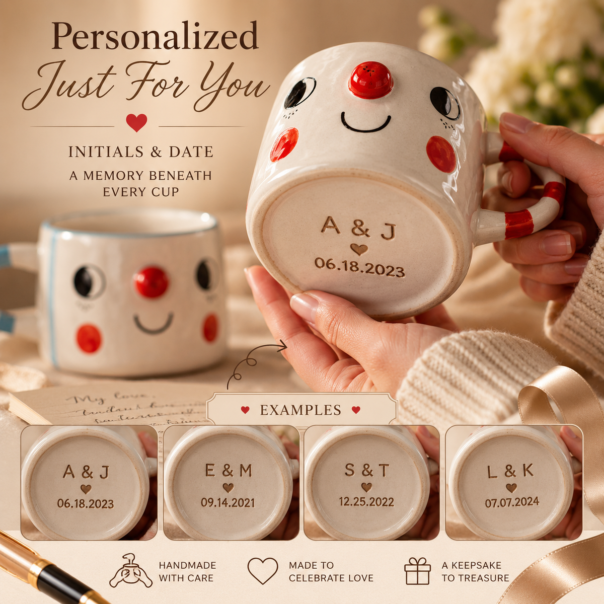Personalized Smiling Face Porcelain Couple Mug Set, close-up detail