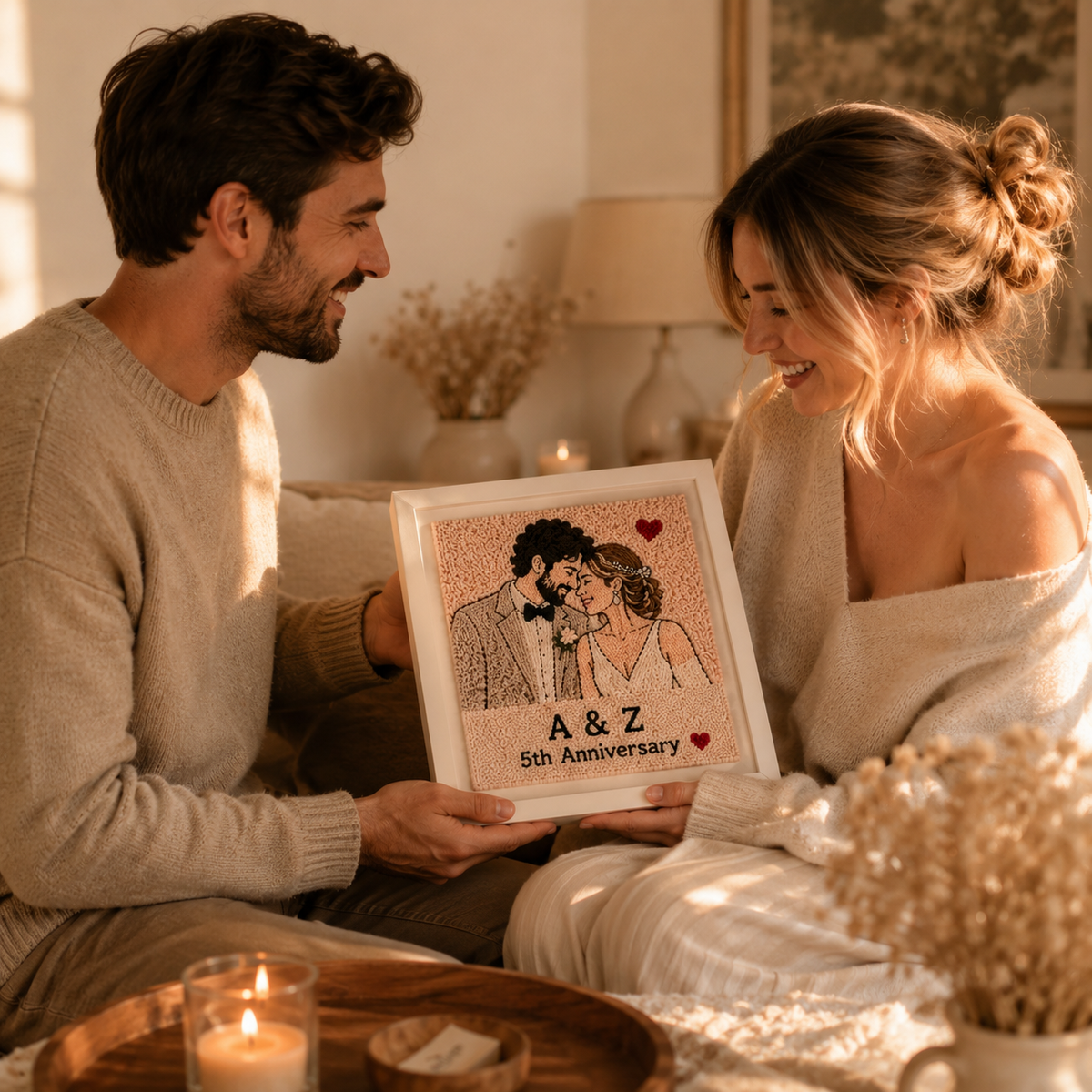 Personalized Tufted Couple Portrait Frame, styled product view