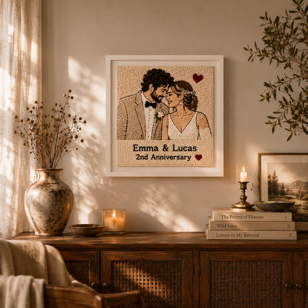 Personalized Tufted Couple Portrait Frame, close-up detail