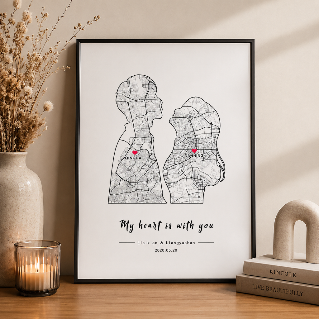 Two Cities, One Love – Couple Silhouette Map Anniversary Print, styled product scene with anniversary-themed props