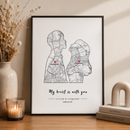 Two Cities, One Love – Couple Silhouette Map Anniversary Print, styled product scene with anniversary-themed props