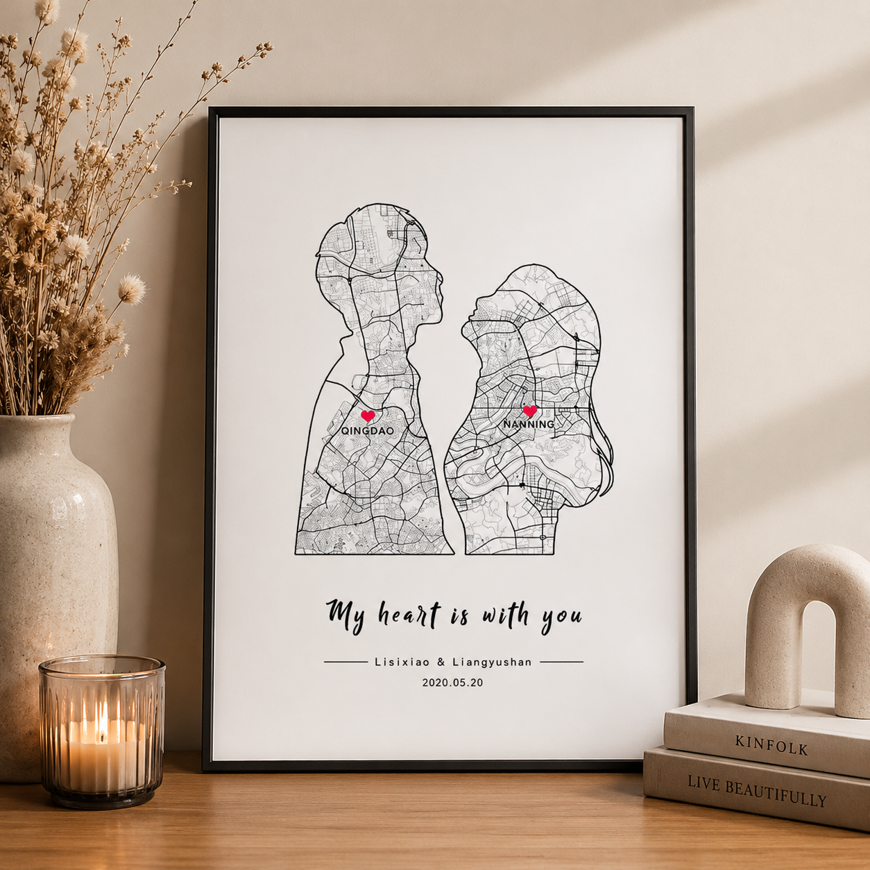 Two Cities, One Love – Couple Silhouette Map Anniversary Print, styled product scene with anniversary-themed props