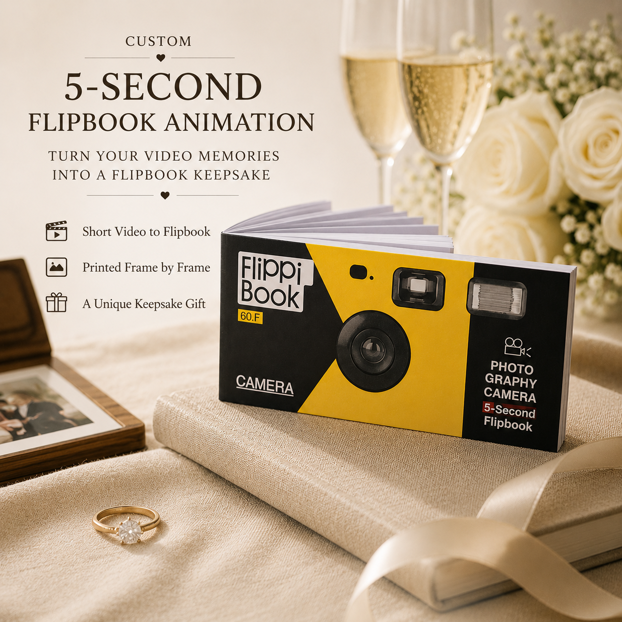Custom 5-Second Flipbook Animation infographic showing personalized wedding flipbook on champagne satin beside two