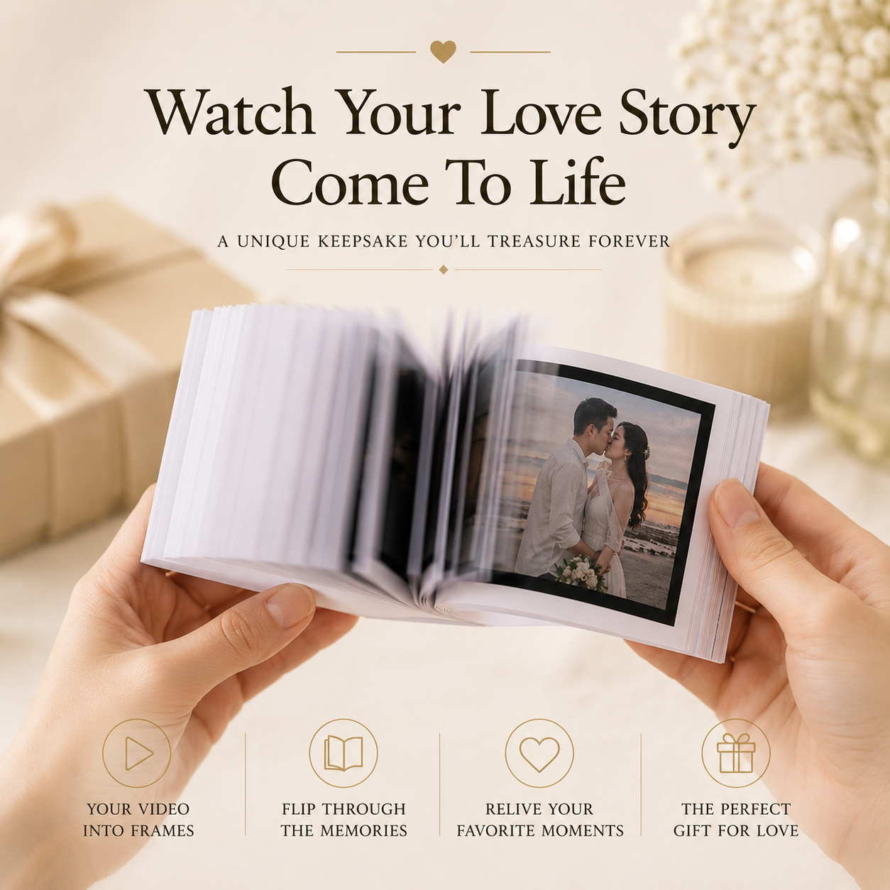 Watch Your Love Story Come To Life two hands holding open personalized wedding anniversary flipbook showing wedding