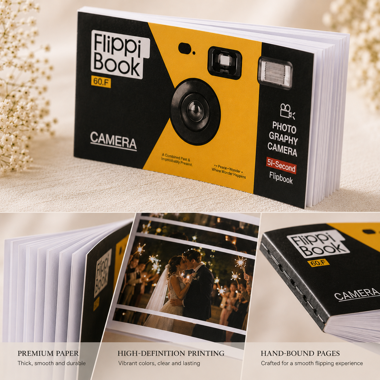 Personalized wedding anniversary flipbook standing open showing camera-inspired yellow and black cover with FlippiBook