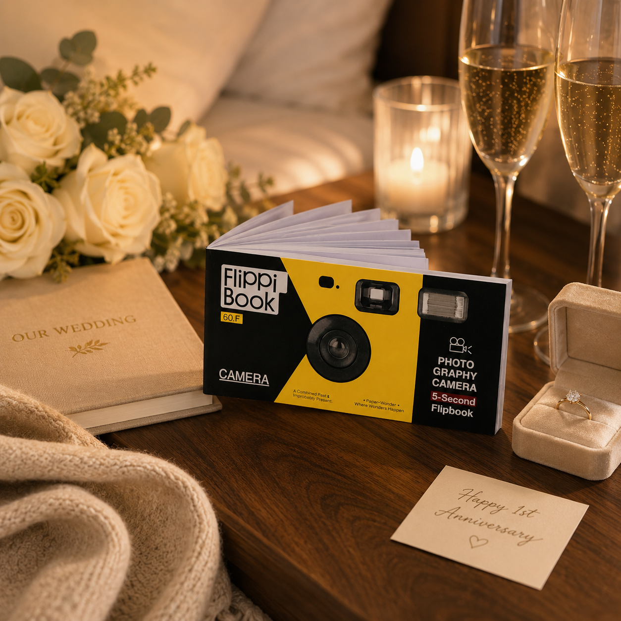 Personalized wedding anniversary flipbook displayed on walnut bedside table beside Our Wedding album white rose bouquet