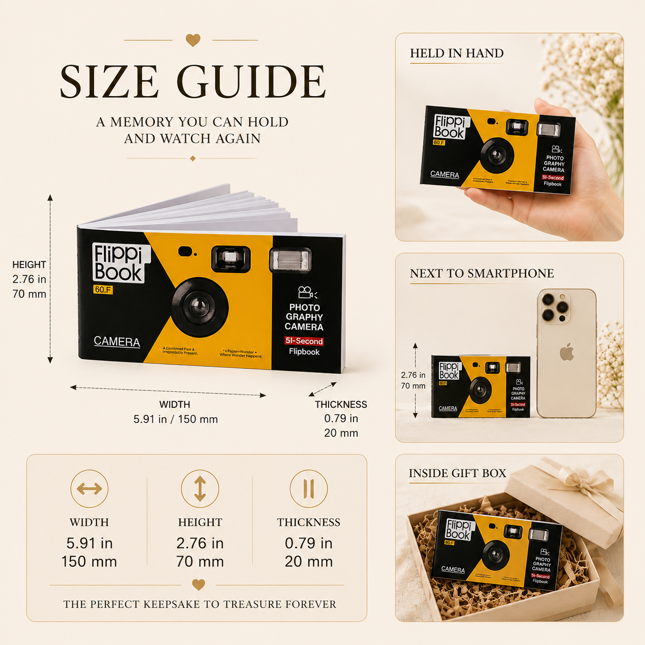 Size guide infographic for personalized wedding anniversary flipbook showing dimensions 5.91 in 150 mm height 2.76 in 70