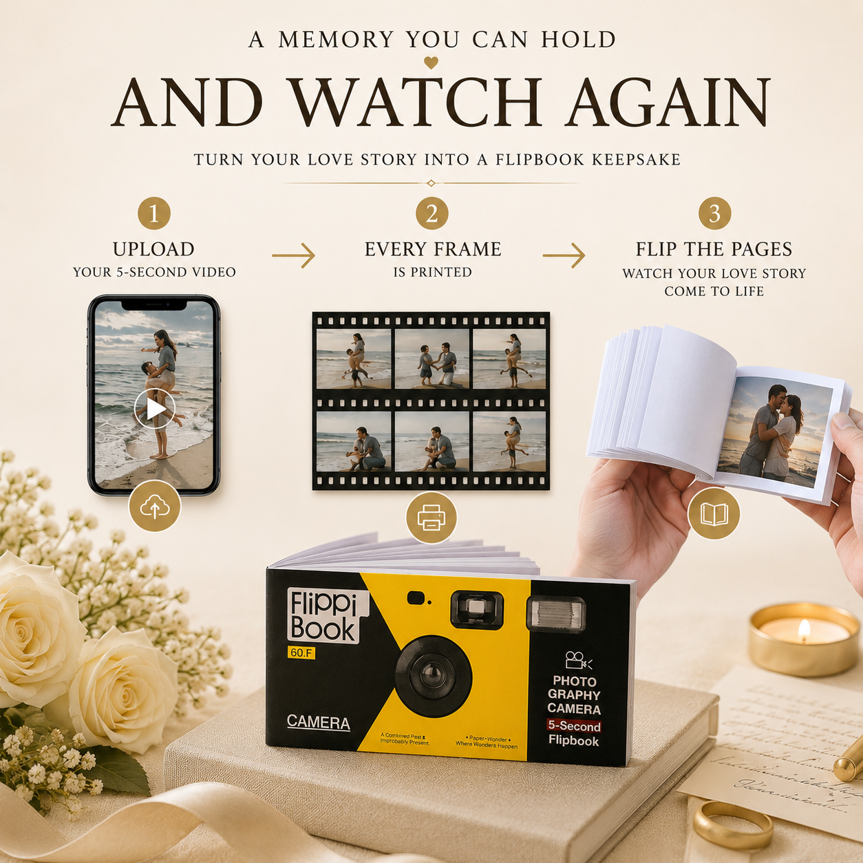 A Memory You Can Hold And Watch Again three-step infographic showing step one upload your 5-second video on smartphone