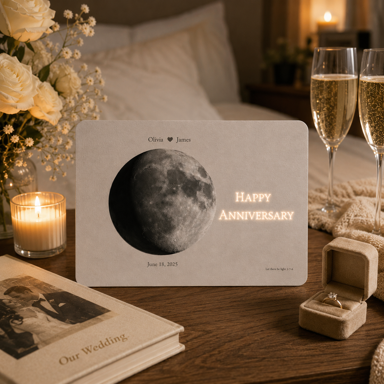 Personalized wedding day moon hidden message film card on walnut bedside table beside Our Wedding album two champagne
