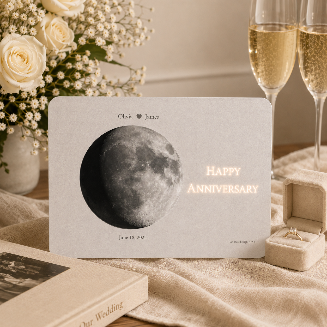 Personalized wedding day moon hidden message film card freestanding beside white roses baby breath two champagne flutes