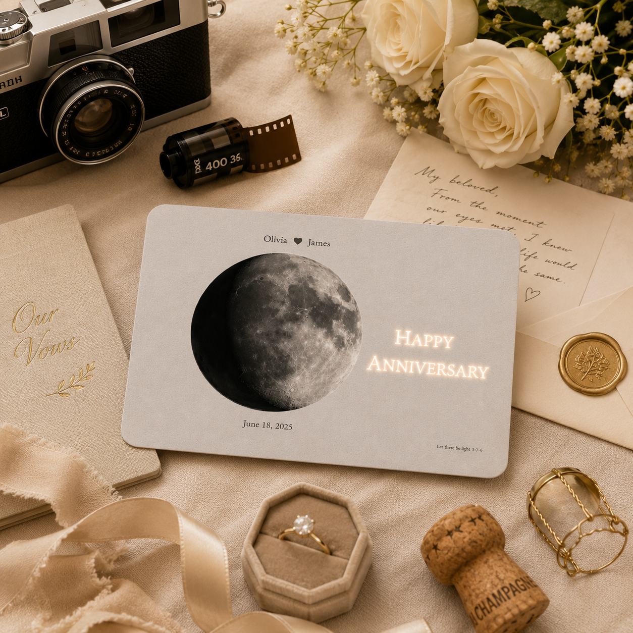 Personalized wedding day moon hidden message film card romantic flat lay with vintage camera film roll white roses baby