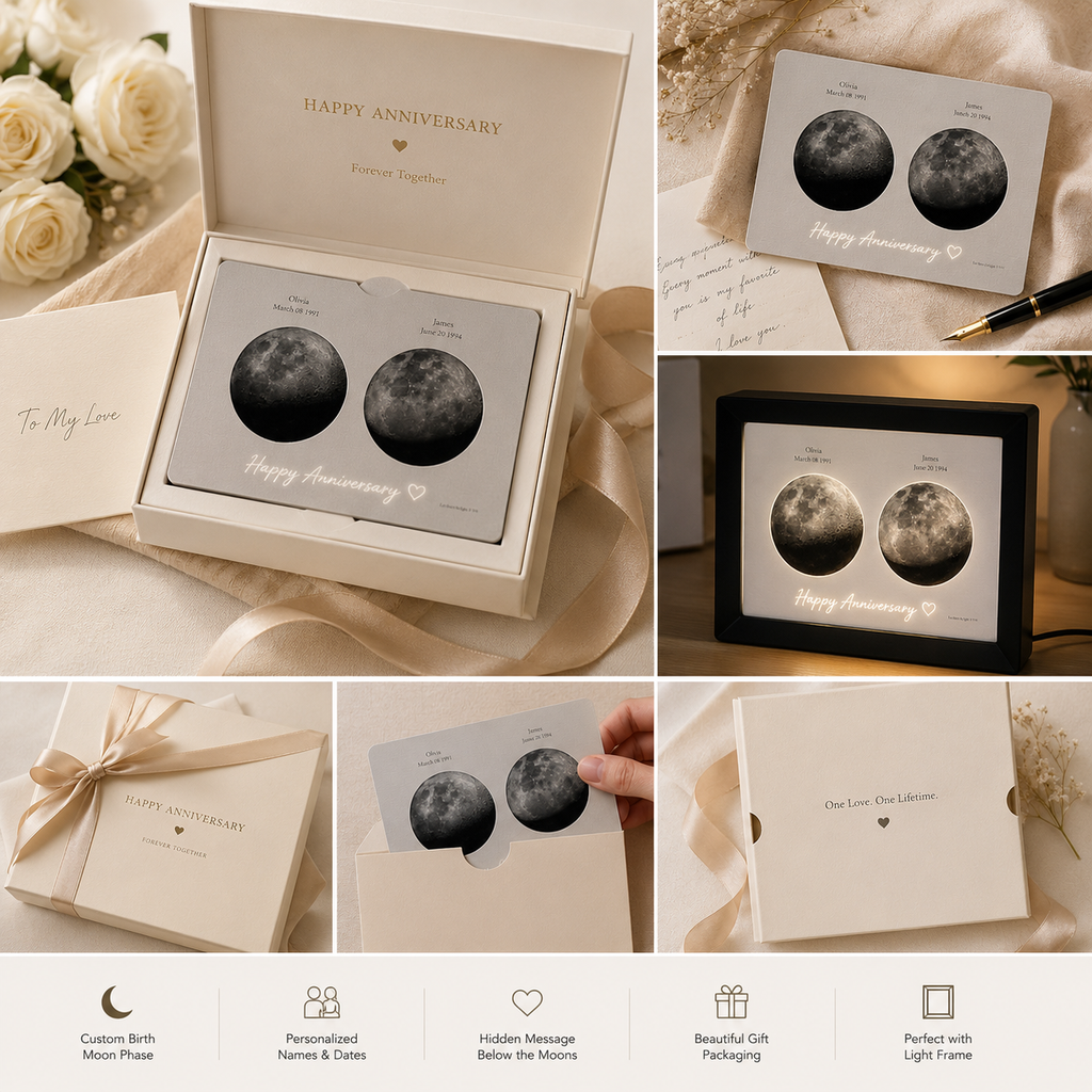 Personalized wedding day moon hidden message film card gift set in ivory box with Happy Anniversary Forever Together lid