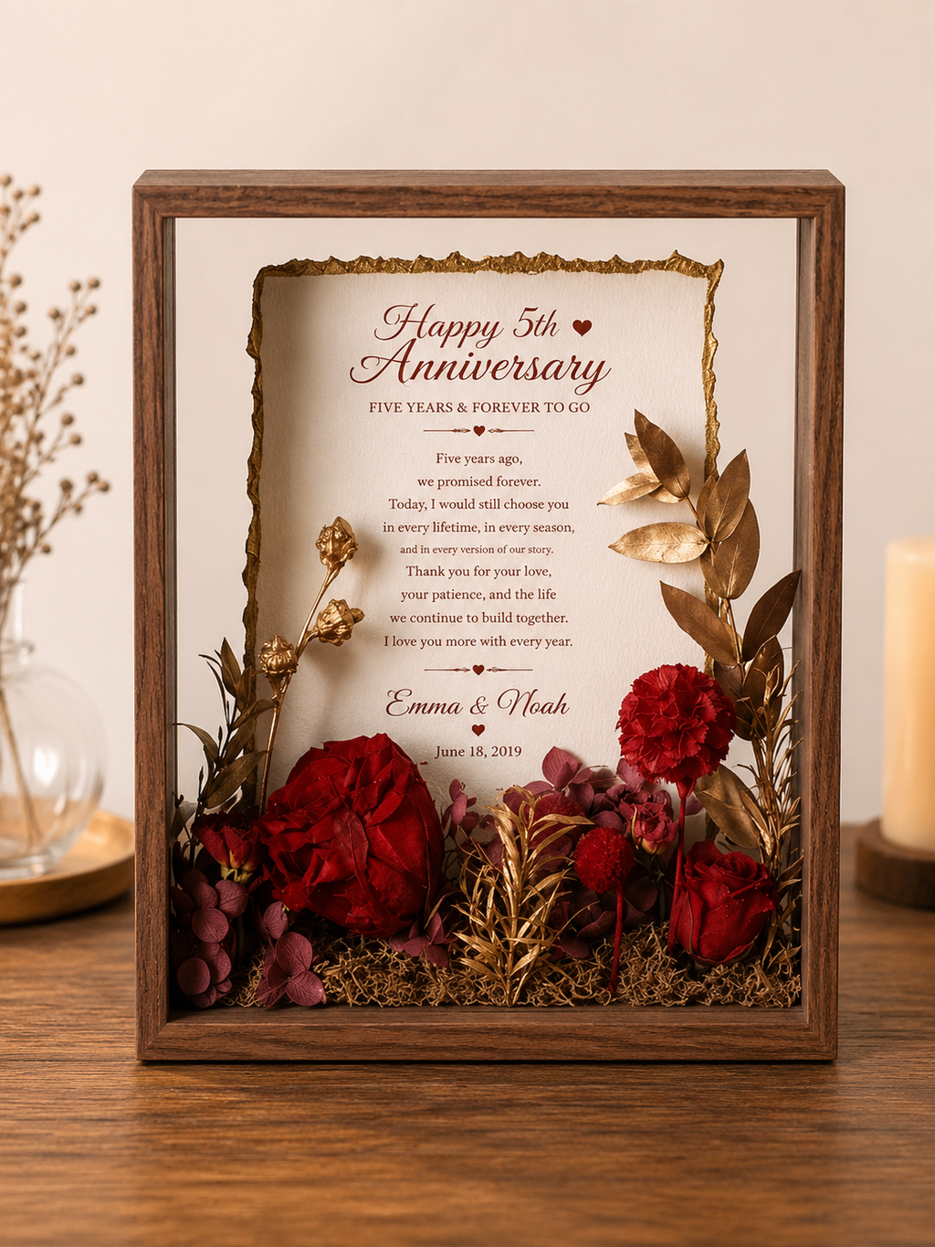 Personalized Wedding Vows Wood Frame, styled product scene with anniversary-themed props