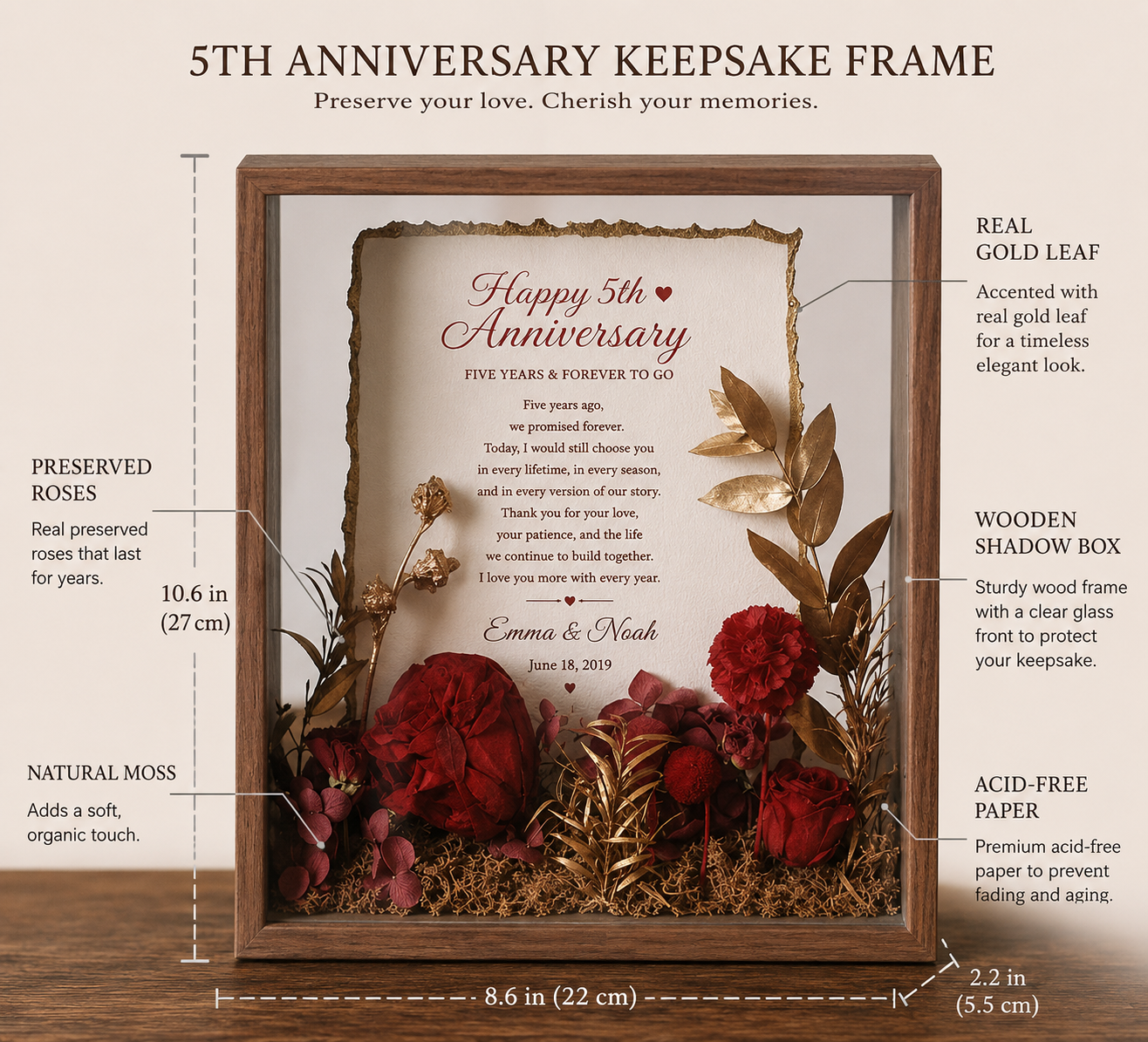 Personalized Wedding Vows Wood Frame, size and dimensions infographic