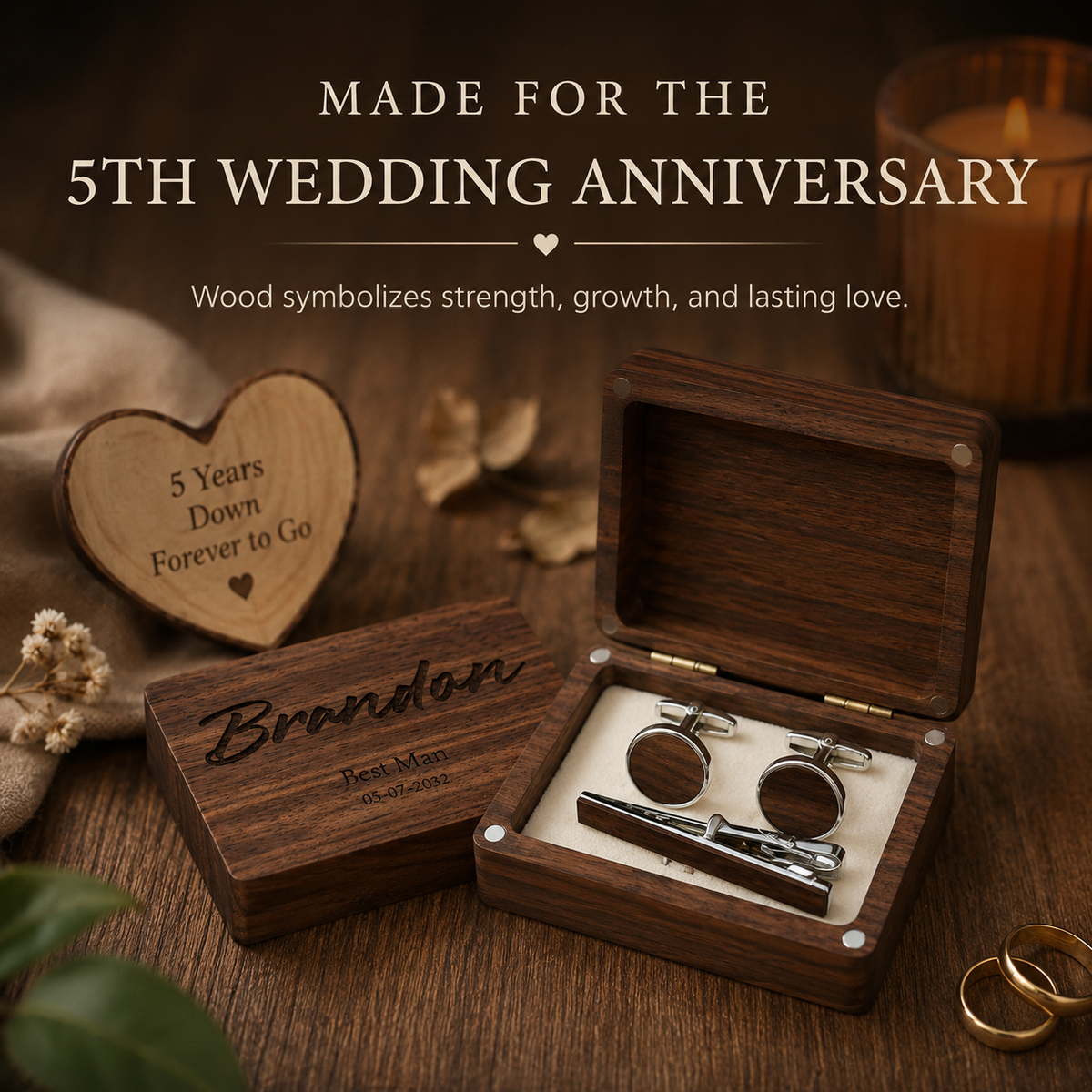Personalized Wood Cufflink Gift Box for Him – Custom 5th Wedding Anniversary Gift for Husband, styled product scene with...