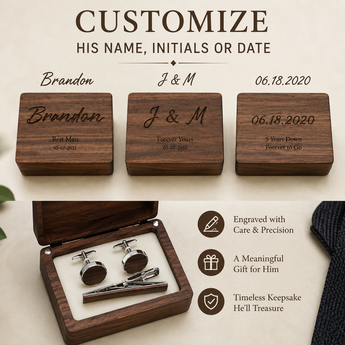 Personalized Wood Cufflink Gift Box for Him – Custom 5th Wedding Anniversary Gift for Husband, personalization and...