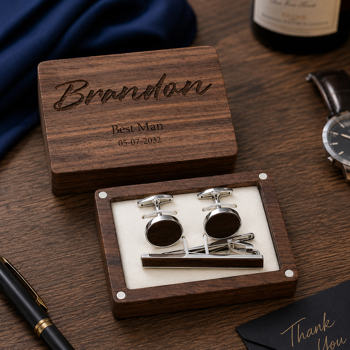Personalized Wood Cufflink Gift Box for Him – Custom 5th Wedding Anniversary Gift for Husband, presented with its gift...