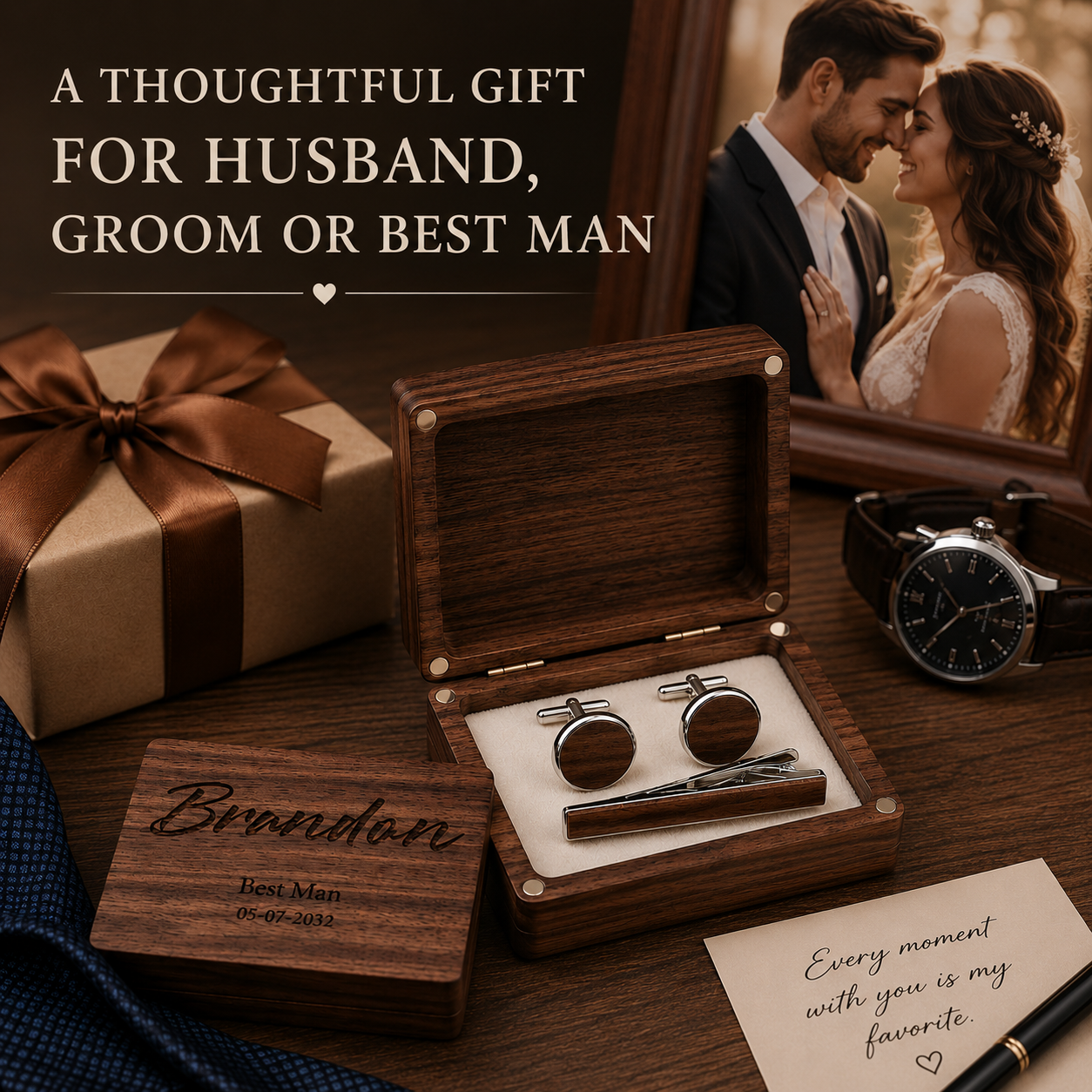 Personalized Wood Cufflink Gift Box for Him – Custom 5th Wedding Anniversary Gift for Husband, styled product scene with...