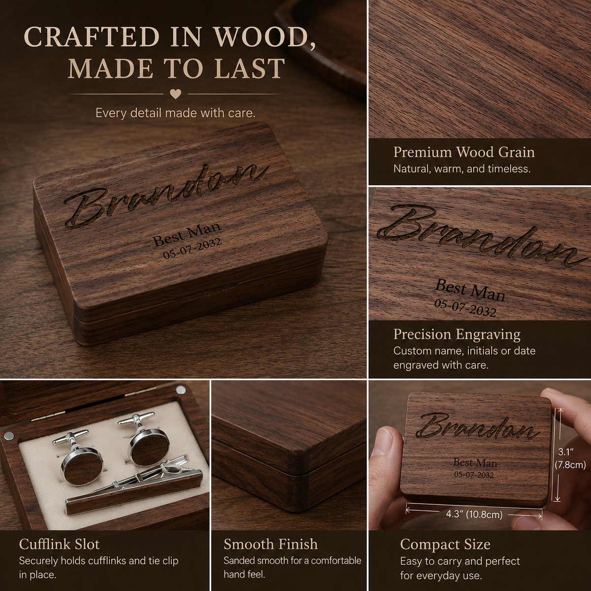 Personalized Wood Cufflink Gift Box for Him – Custom 5th Wedding Anniversary Gift for Husband, detail infographic showing...