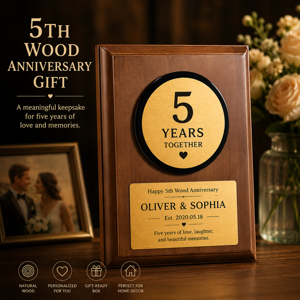Personalized Wooden Anniversary Plaque, styled product scene with anniversary-themed props