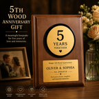 Personalized Wooden Anniversary Plaque, styled product scene with anniversary-themed props