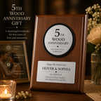 Personalized Wooden Anniversary Plaque, styled product scene with anniversary-themed props