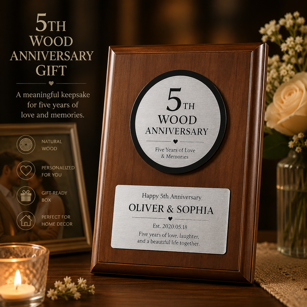 Personalized Wooden Anniversary Plaque, styled product scene with anniversary-themed props
