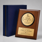 Personalized Wooden Anniversary Plaque, presented with its gift box and accessories