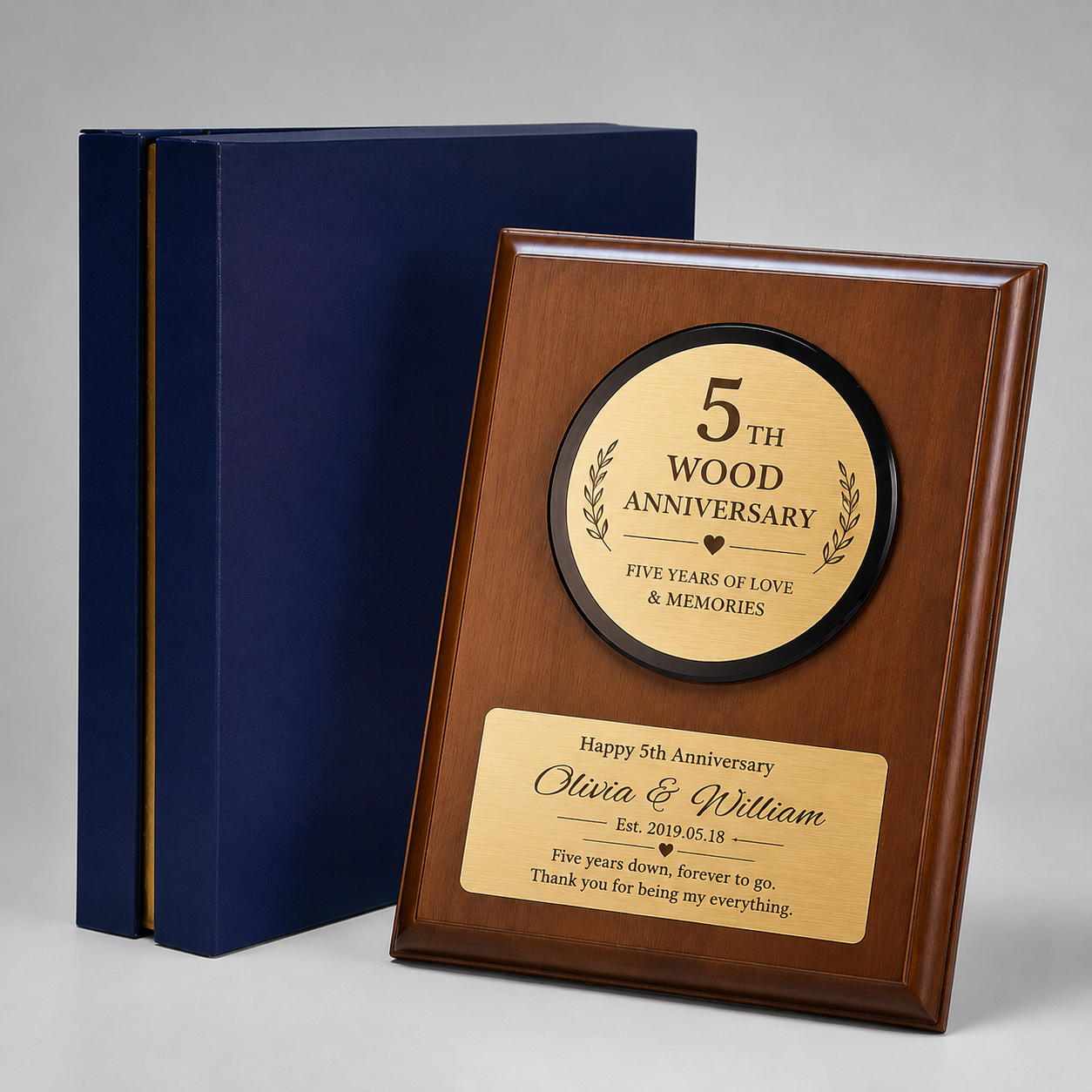 Personalized Wooden Anniversary Plaque, presented with its gift box and accessories