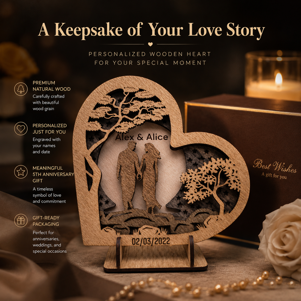5th Wood Anniversary Gift for Couple – Personalized Wooden Heart Keepsake with Names & Date, styled product scene with...