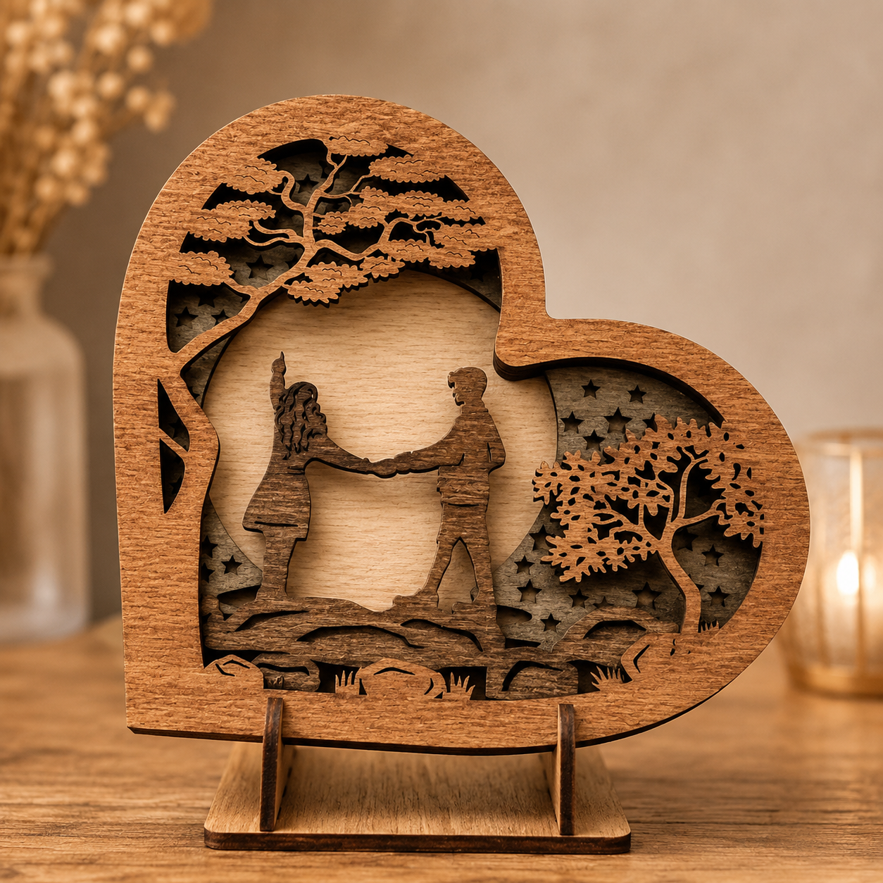 5th Wood Anniversary Gift for Couple – Personalized Wooden Heart Keepsake with Names & Date, product view on a neutral...
