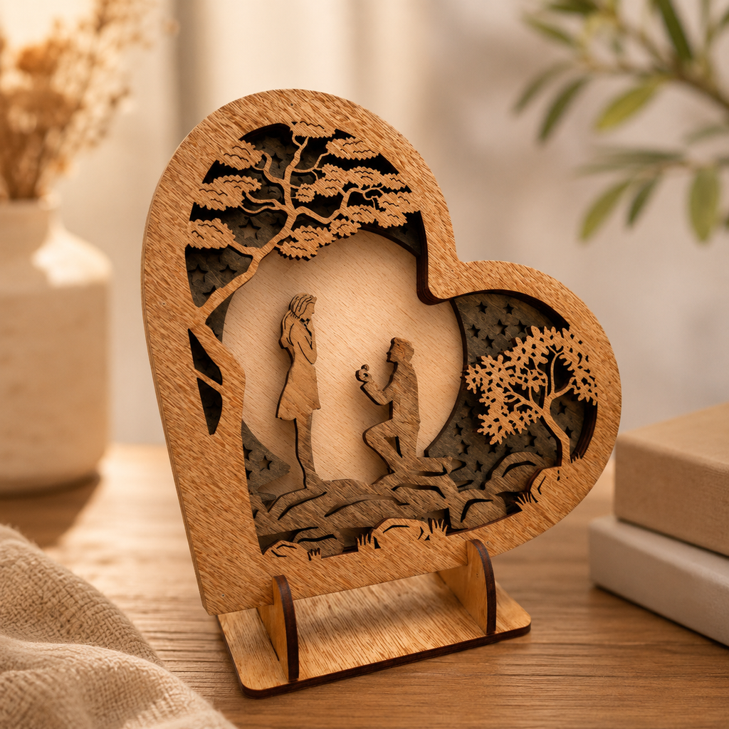 5th Wood Anniversary Gift for Couple – Personalized Wooden Heart Keepsake with Names & Date, displayed in a warm home...
