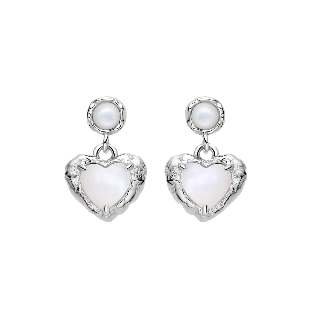 Pearl Heart Drop Earrings with Ornate Frame — pair displayed on a black background