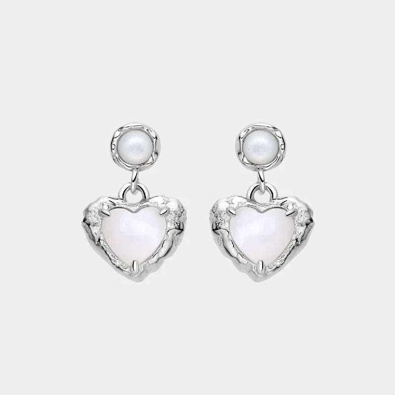 Pearl Heart Drop Earrings with Ornate Frame — isolated front pair with round pearl studs and framed heart drops