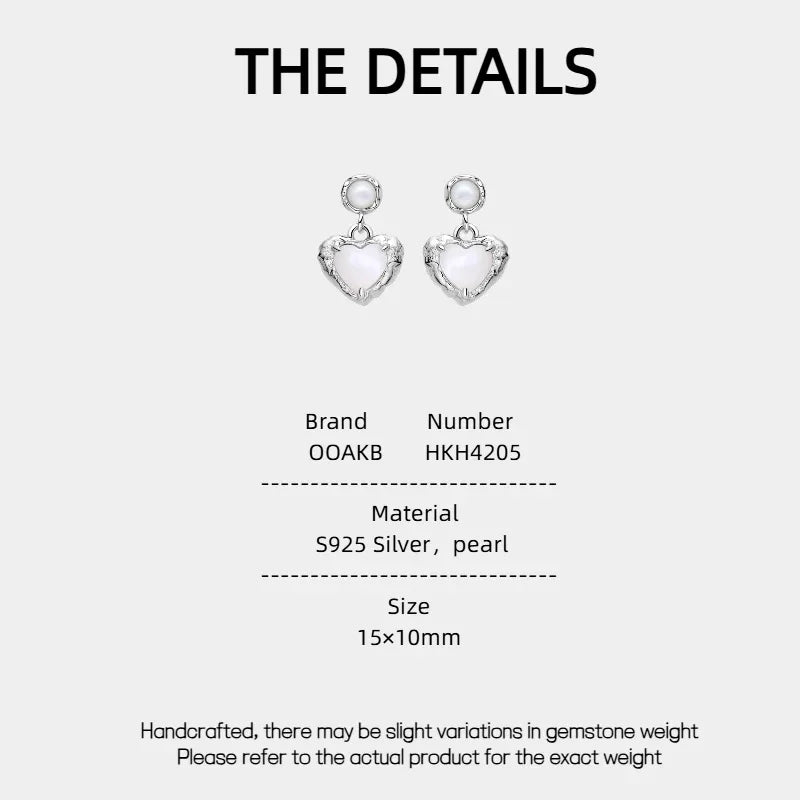 Pearl Heart Drop Earrings with Ornate Frame — specification card with material and size details