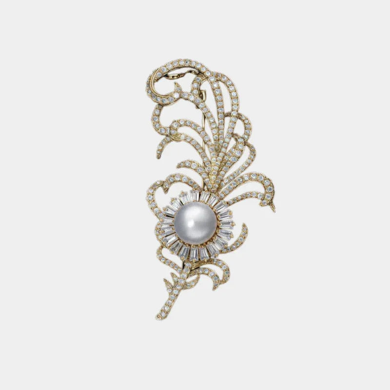 Pearl Phoenix Feather Brooch — front view of tall phoenix-feather brooch
