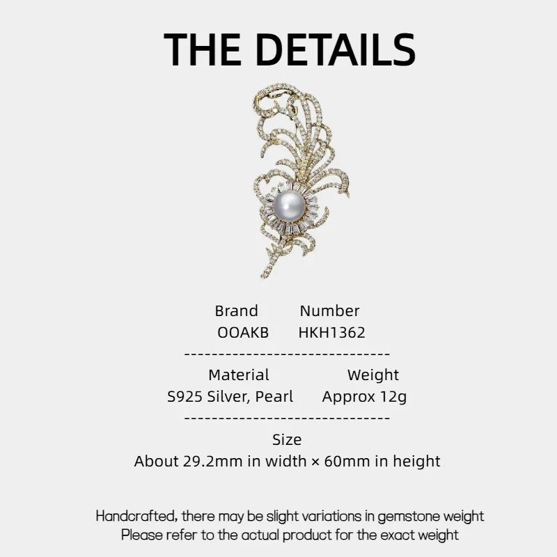 Pearl Phoenix Feather Brooch — specification card with material and size details